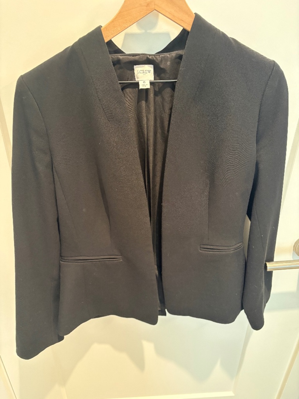 J.Crew Factory Collarless Black Blazer, Polka Dot Lining, Size 6